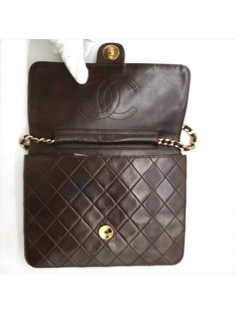 Chanel CC Logo Quilted Lambskin Chain Shoulder Bag Push Lock Brown - Picture 7 of 10
